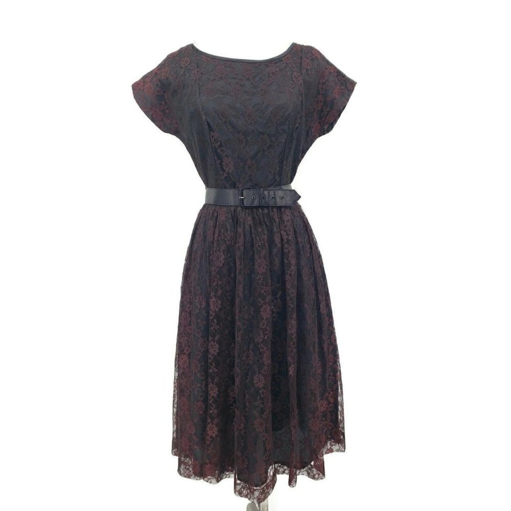 Vintage Black Plum Wine Lace Dress Womens S/M? Belt Handmade